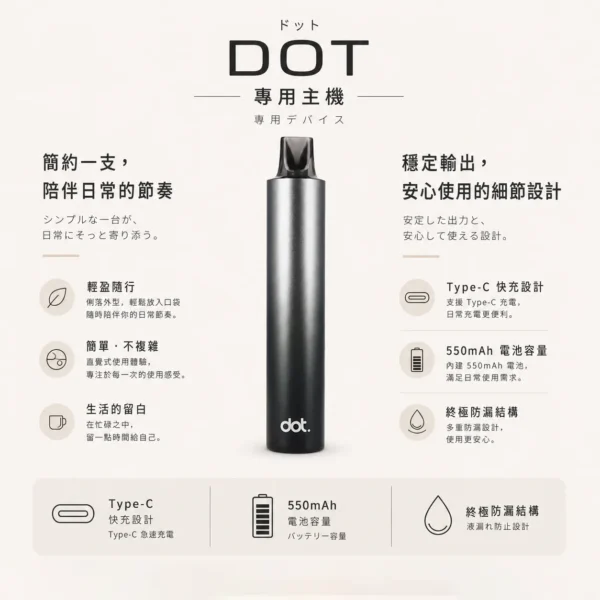 ChatGPT-Image-2026年8月22日-下午06_19_24.webp DOT switch 佩特里 升級款 專用主機 550mAh續航/穩壓輸出不燒焦/金屬防刮塗層/防漏/Type-C/專用煙彈