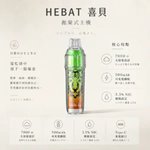 ChatGPT-Image-2026年8月22日-下午07_37_24.webp Hebat 喜貝 BOOM 7000口 拋棄式電子煙 14ml油倉/500mAh可充電/3.5%尼古丁鹽/細膩霧化