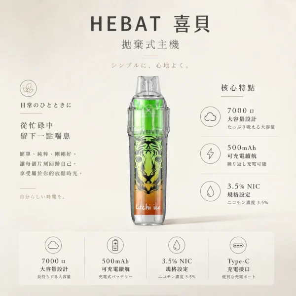 ChatGPT-Image-2026年8月22日-下午07_37_24.webp Hebat 喜貝 BOOM 7000口 拋棄式電子煙 14ml油倉/500mAh可充電/3.5%尼古丁鹽/細膩霧化