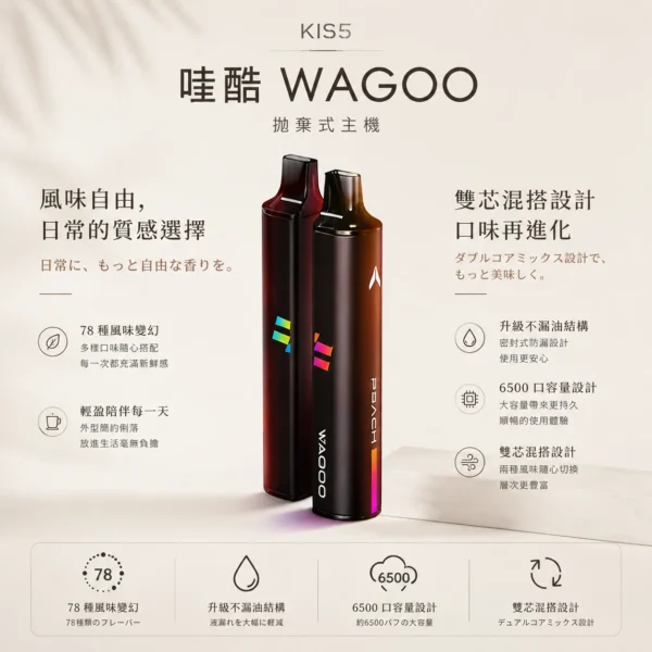 ChatGPT-Image-2026年8月23日-下午03_56_44.webp WAGOO 哇酷 KIS5 6500口 拋棄式電子煙 不漏油結構/順滑擊喉/雙芯磁吸/78種風味
