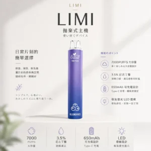 ChatGPT-Image-2026年8月23日-下午05_32_43.webp LIMI 7000口 拋棄式電子煙 3.5%尼古丁鹽/強勁擊喉感/冰感水果/吸氣發光LED/650mAh可充電