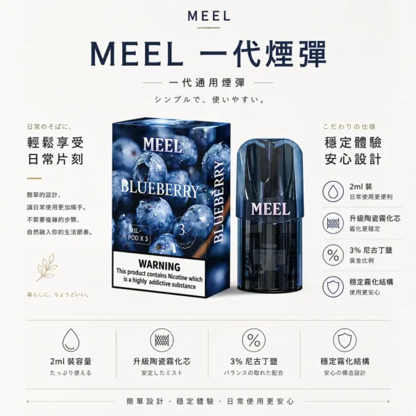ChatGPT-Image-2026年8月23日-下午06_26_32.webp MEEL 一代通用煙彈 2ml巨量裝/升級陶瓷霧化芯/3%尼古丁鹽/黃金比例/適配一代主機