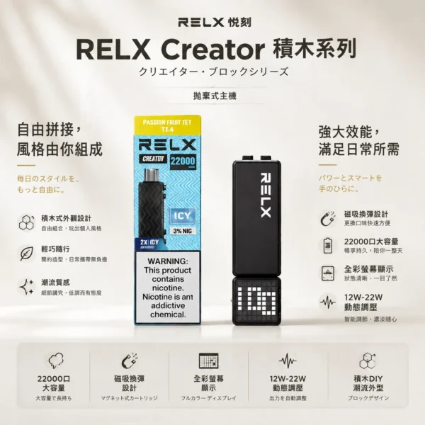 ChatGPT-Image-2026年8月23日-下午08_25_15.webp RELX 悅刻 Creator 積木系列 22000口 樂高DIY外型/全彩螢幕/12W-22W調壓/磁吸換彈【買4盒送主機】