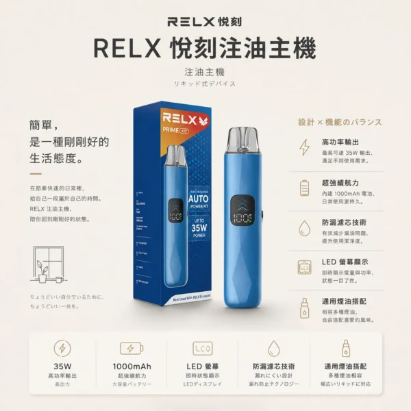ChatGPT-Image-2026年8月24日-下午09_35_37.webp RELX 悅刻 prime kit 注油小煙主機 35W輸出/防漏濾芯/1000mAh續航/LED螢幕/通用煙油