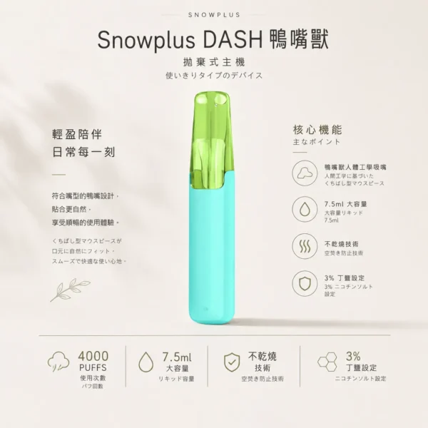 ChatGPT-Image-2026年8月24日-下午09_48_46.webp Snowplus DASH 4000口 拋棄式電子煙 鴨嘴獸吸嘴/不掉味/7.5ml/不乾燒/3%尼古丁鹽