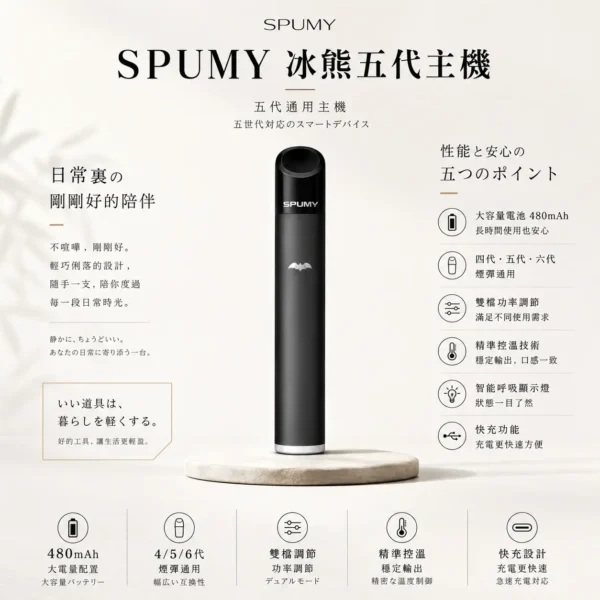 ChatGPT-Image-2026年8月25日-下午07_43_02.webp SPUMY 冰熊 五代通用主機 480mAh超大電量/快充/智能呼吸顯示燈/雙檔功率調節/精準控溫/通用四代五代六代煙彈