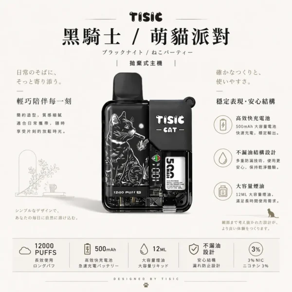 ChatGPT-Image-2026年8月25日-下午07_55_39.webp TISIC 12000口 拋棄式電子煙 12ml不漏油油艙/500mAh快充/黑騎士與萌貓派對雙風格【買十送一】