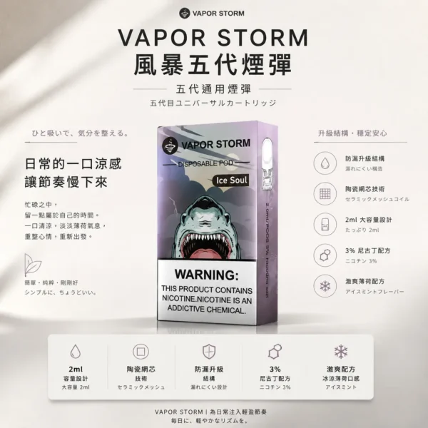 ChatGPT-Image-2026年8月25日-下午10_07_26.webp VAPOR STORM 風暴 五代通用煙彈 2ml裝/激爽配方/升級陶瓷網芯/防漏技術/3%尼古丁鹽/通用五代主機