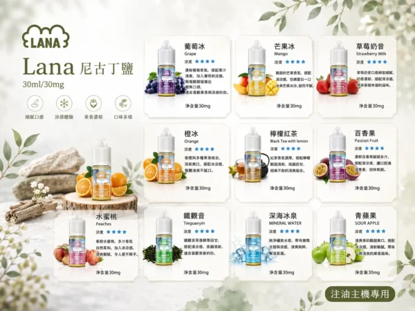 ChatGPT-Image-2026年8月31日-下午07_28_49.webp LANA 拉娜 30ml 煙油 30mg尼古丁鹽/紮實滿足/不化學/回韻清甜/通用注油小煙主機