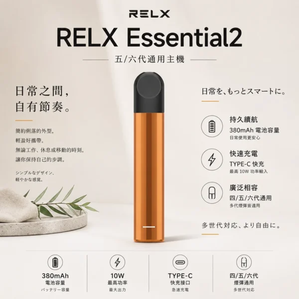 ChatGPT-Image-2026年9月6日-上午12_41_02.webp RELX 悅刻 Essential2 主機 10W輸出功率/380mAh大容量電芯/Type-C快充/廣泛通用四代/五代煙彈