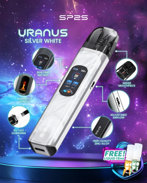 MP-Uranus-1080x1350px-New-Product-Silver-White.webp SP2S 天王星 Uranus 開放式注油小煙主機 30W多檔調節/1000mAh/0.96吋液晶屏/內含0.6歐0.8歐空彈/通用小煙油